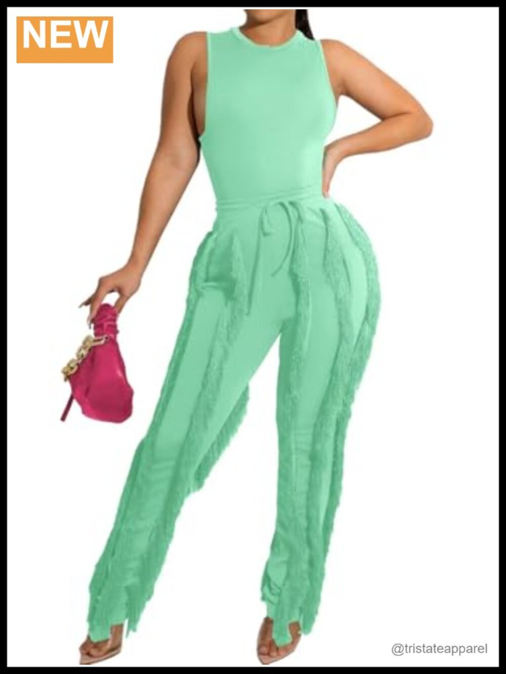 EDITCOZY Women's Two Piece Outfit Sleeveless Crop Top Fringe Pants Set